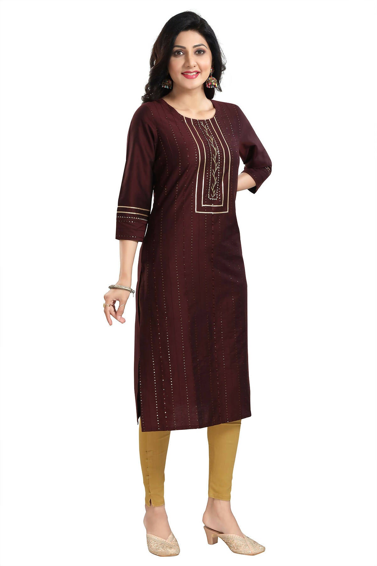 Snehal Creations Beautiful Brown Cotton Silk Designer Long Kurti Tunic With Sequines Embroidery | Grocsy