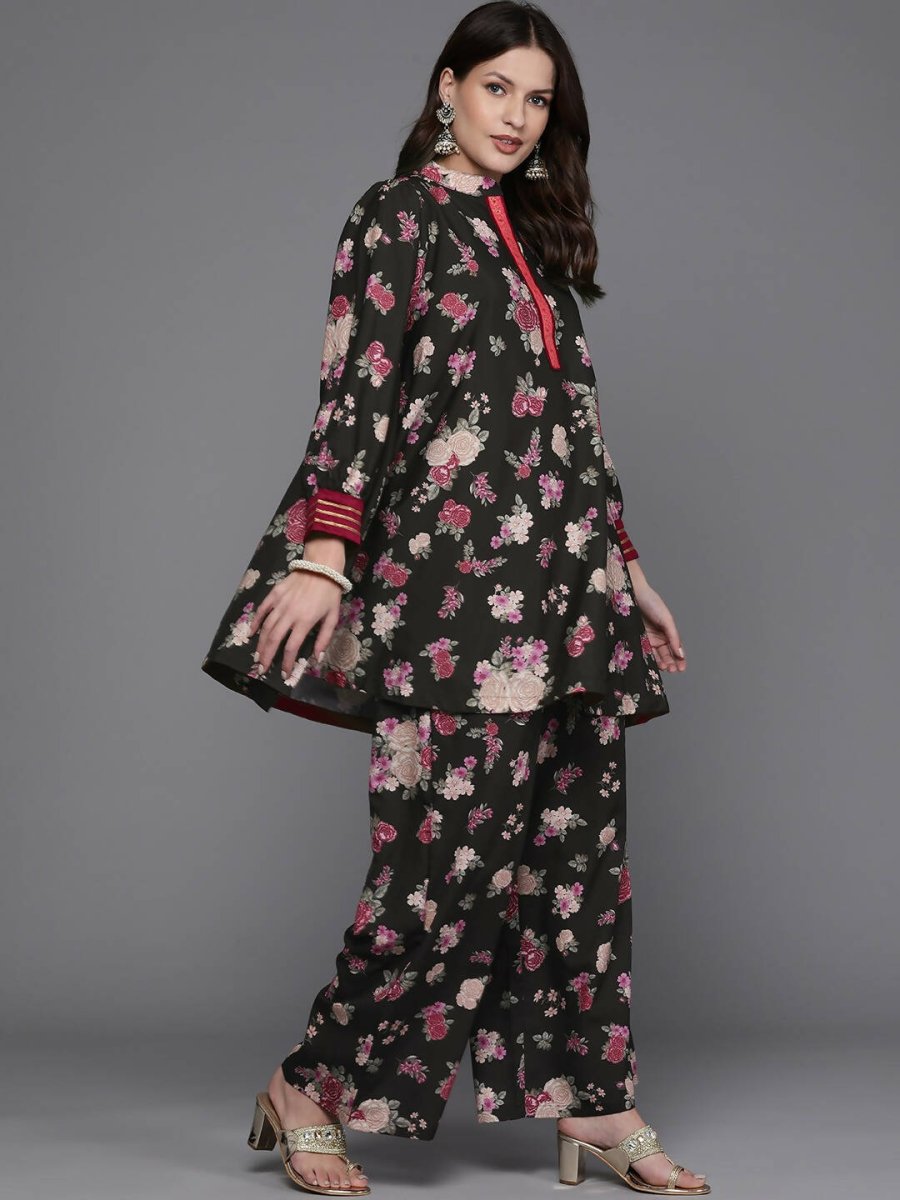 Ahalyaa Women Floral Printed Tunic with Palazzos - Black Color | Grocsy