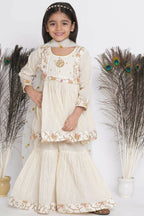Little Bansi Floral Embroidery Jacket With Cotton Lurex Frock Sharara And Dupatta With Ghungroo Handwork - Cream | Grocsy