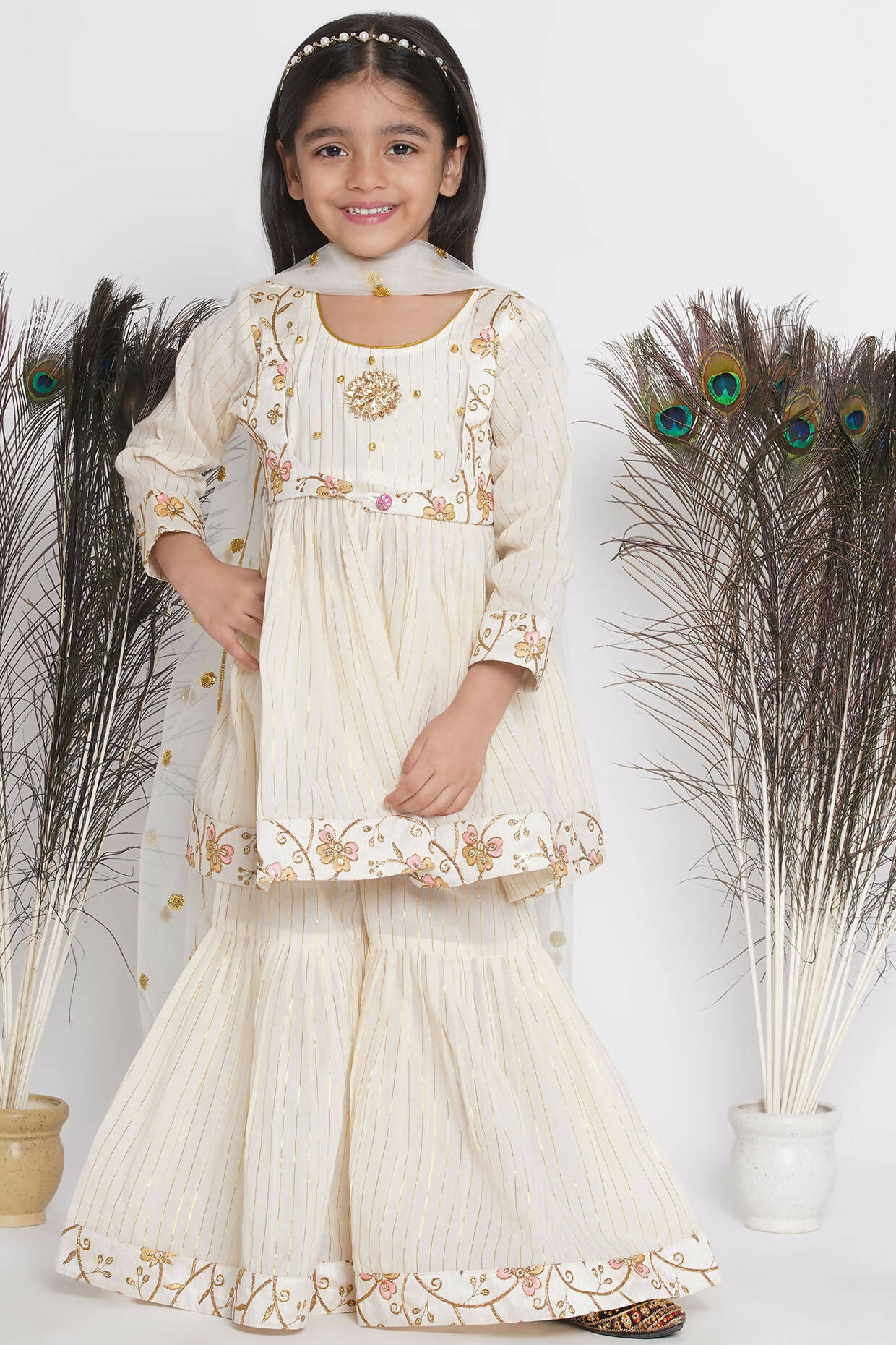 Little Bansi Floral Embroidery Jacket With Cotton Lurex Frock Sharara And Dupatta With Ghungroo Handwork - Cream | Grocsy
