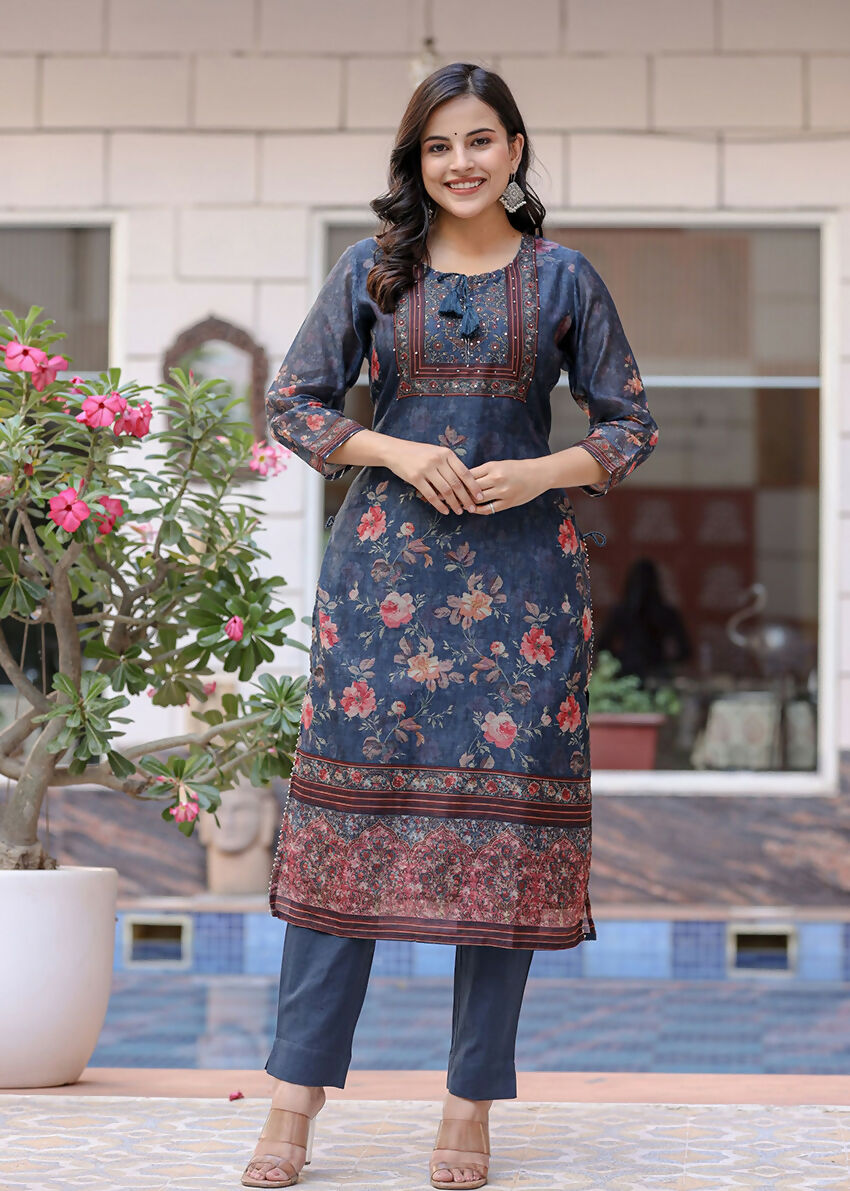 Kaajh Women's Navy Blue Digital Print Flora Chanderi Kurta Pant Set With Dupatta | Grocsy