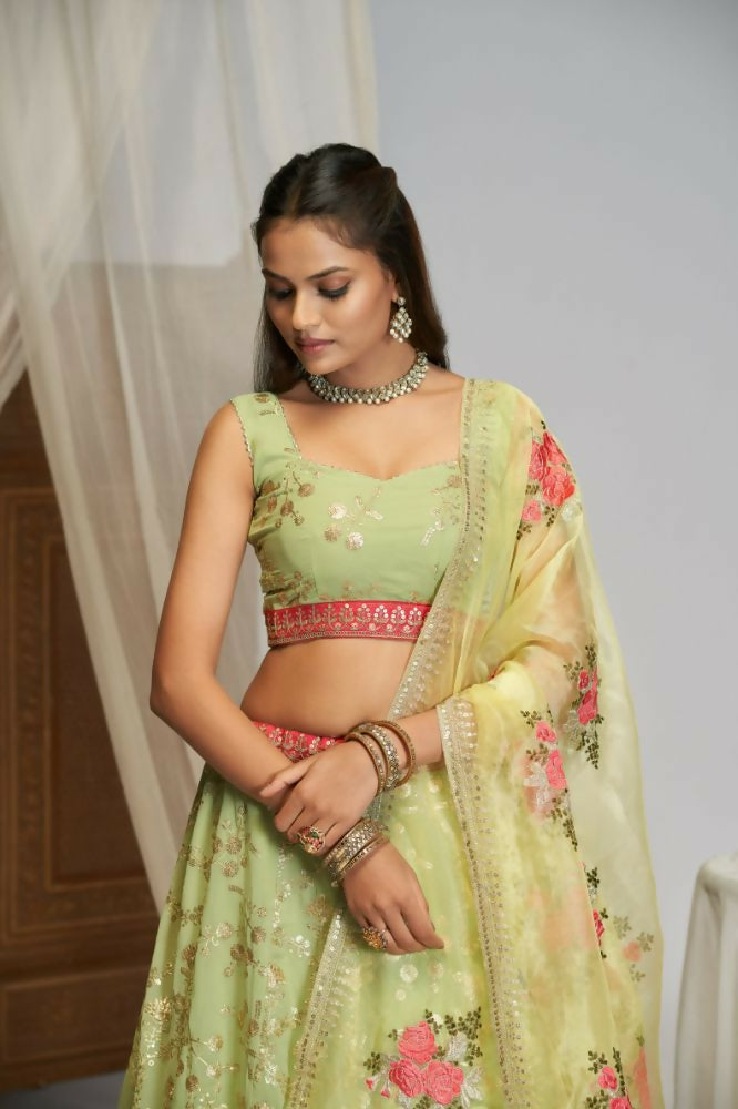 Pista Green Floral Georgette Sequence Work Lehenga Choli - Jihu Culture | Grocsy