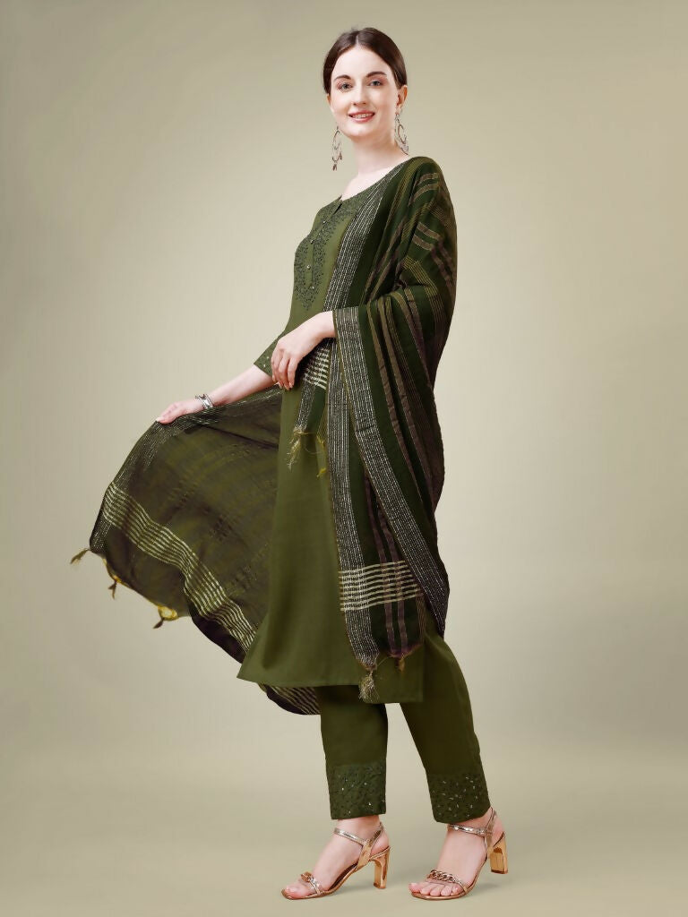 Jyoti Fashion Women's Mehendi Cotton Blend Embroidery & Sequence work Kurta with Trouser & Dupatta | Grocsy