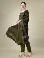 Jyoti Fashion Women's Mehendi Cotton Blend Embroidery & Sequence work Kurta with Trouser & Dupatta | Grocsy