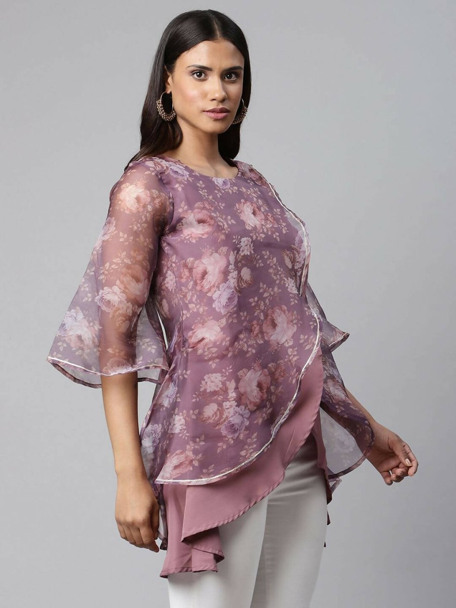 Ahalyaa Women Mauve Organza Digital Printed Tunic | Grocsy