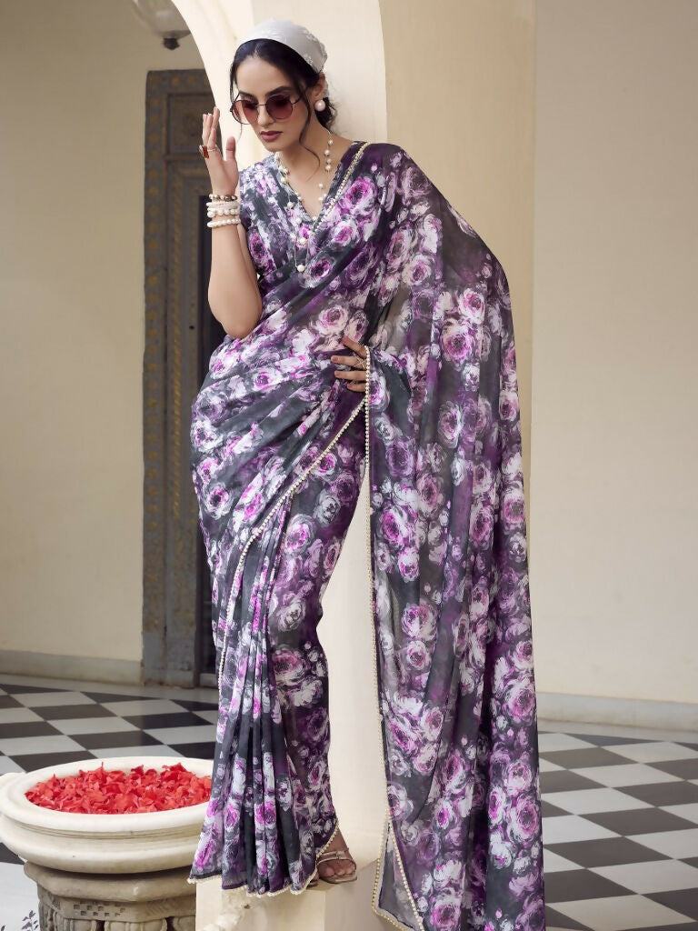 Vastranavya Grey Weightless Marble Printed & Pearl Lace Border Saree with Unstitched Blouse | Grocsy