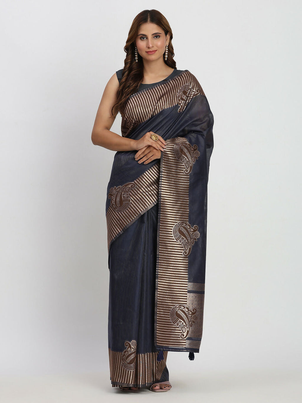 Shree Shyam Fashion Linen Cotton Navy Blue Saree | Grocsy