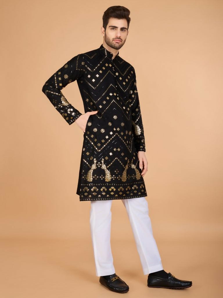Vastranavya Black Exclusive Festival Wear Pure Viscose Rayon Embroidered Sequence Work Kurta | Grocsy