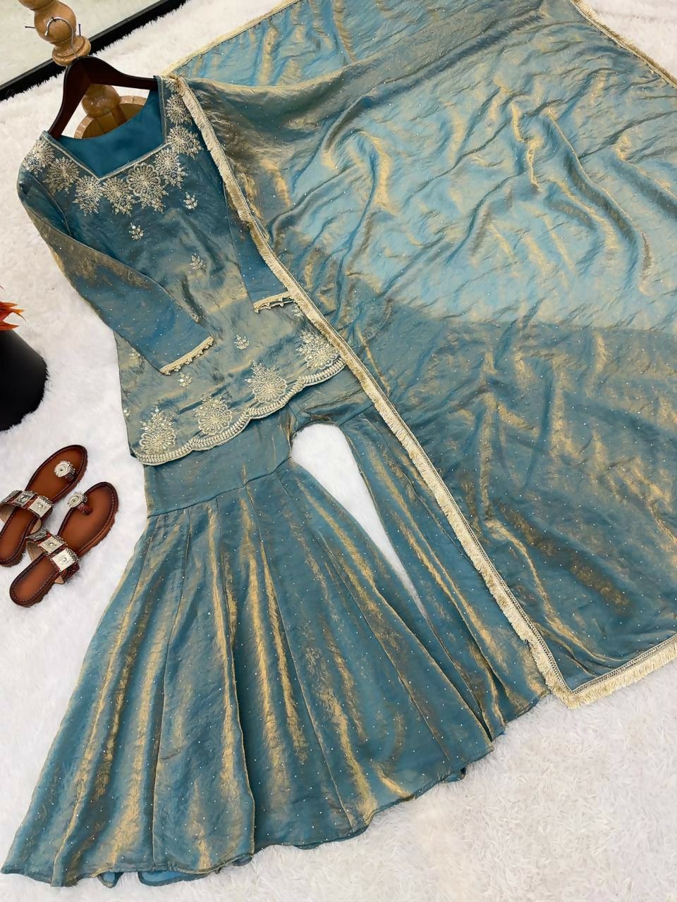Teeya Creation Womens New Fancy Embroidery Sequence Work With Zarkan Diamond Work Teal Kurta Set | Grocsy
