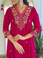 The52 Rani Women's Beautiful Embroidered Work Vichitra Silk Fabric Straight Kurta Pant and Dupatta Set | Grocsy
