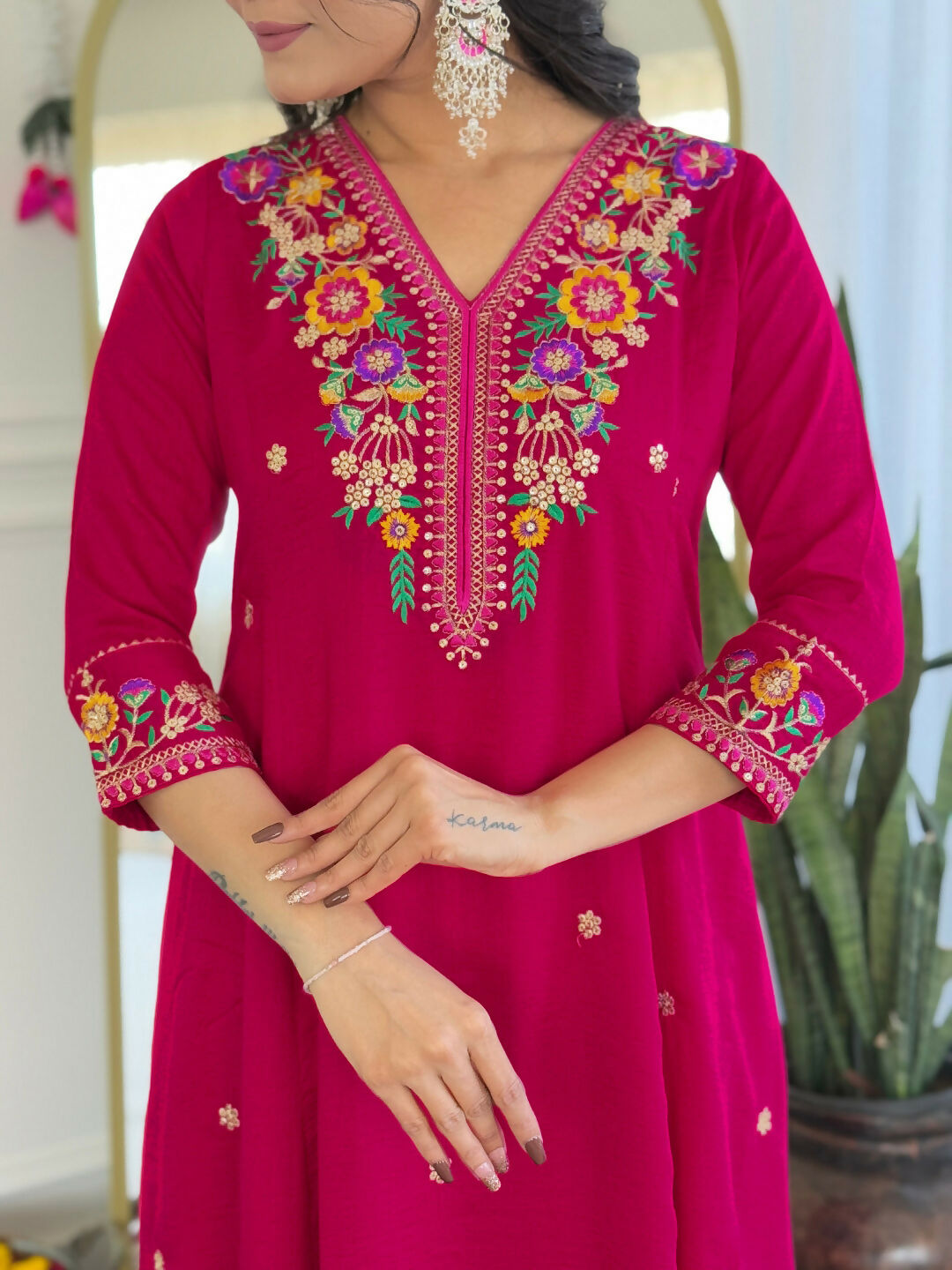 The52 Rani Women's Beautiful Embroidered Work Vichitra Silk Fabric Straight Kurta Pant and Dupatta Set | Grocsy