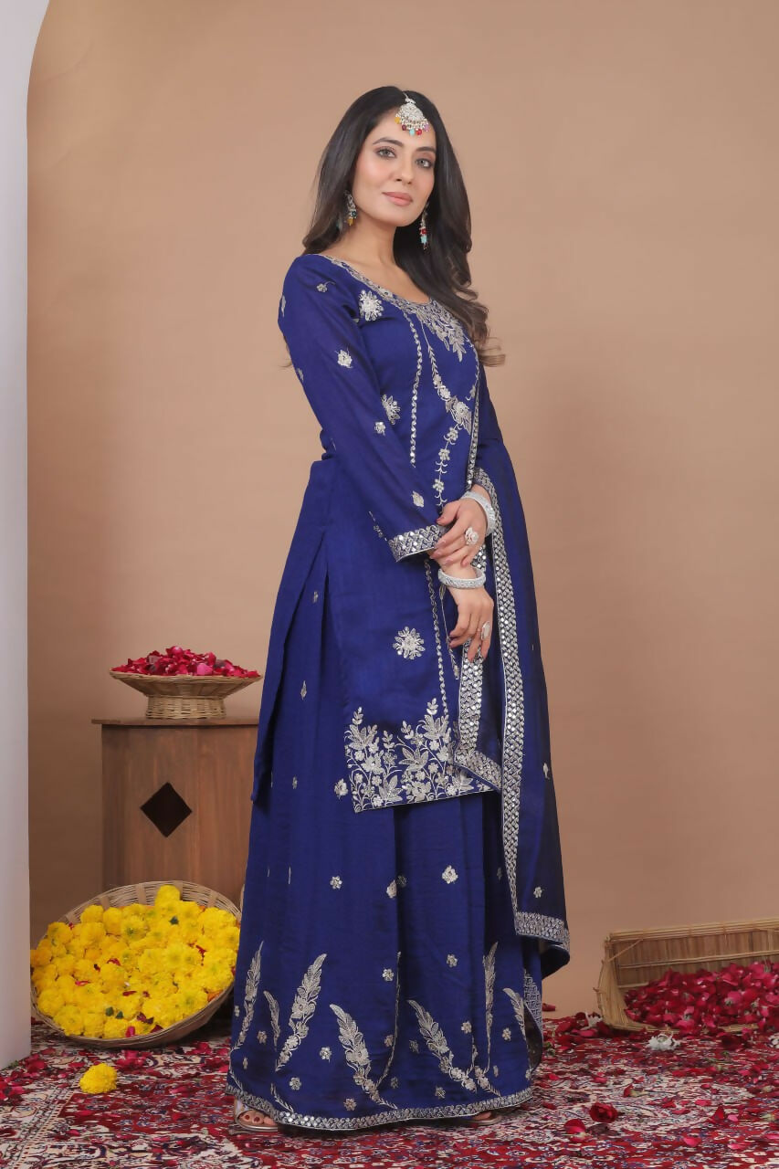 Joban Fashion Blue Georgette Embroidered Sharara Set | Grocsy