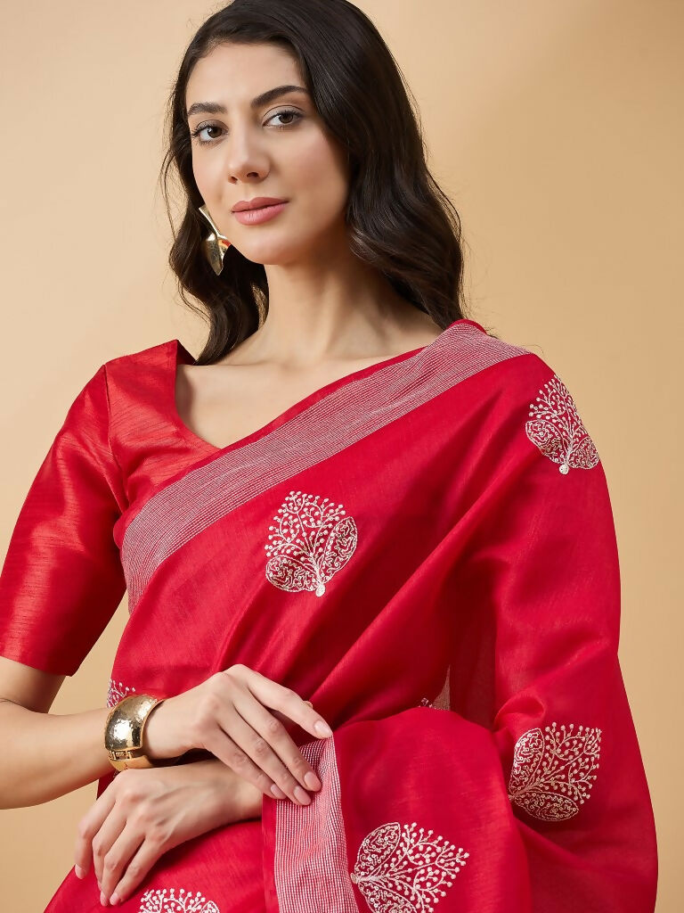 Red Cotton Blend Thread Embroidered Saree with Unstitched Blouse - Satya | Grocsy