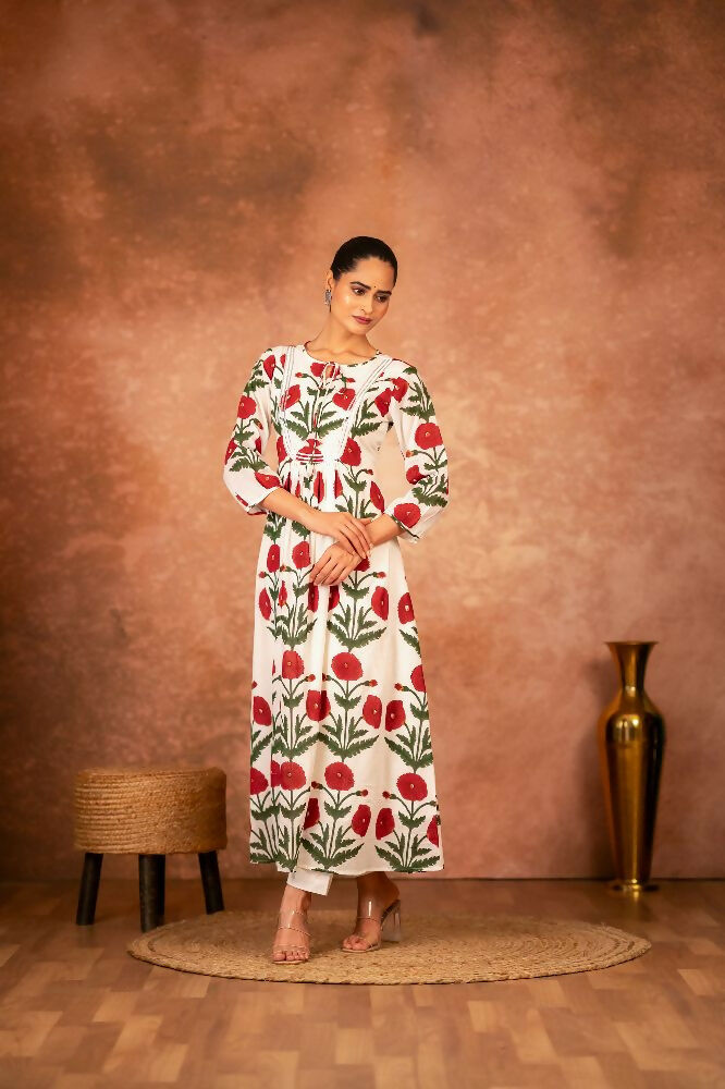 Joban Fashion Red Rose Floral Hand Block Printed Cotton Kurta Pant Set | Grocsy