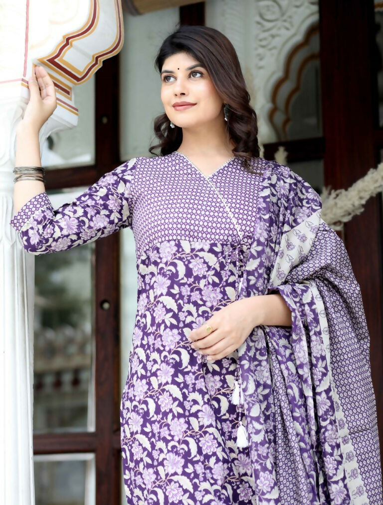 Miravan Women's Floral Block Printed Purple Angrakha Kurta And Palazzo With Dupatta Set | Grocsy