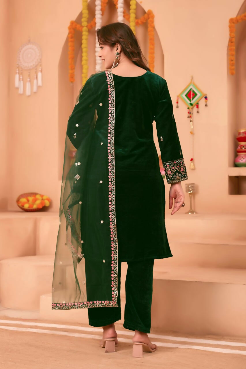 Joban Fashion Green Velvet Embroidery Sequence Work Readymade Kurta Set | Grocsy