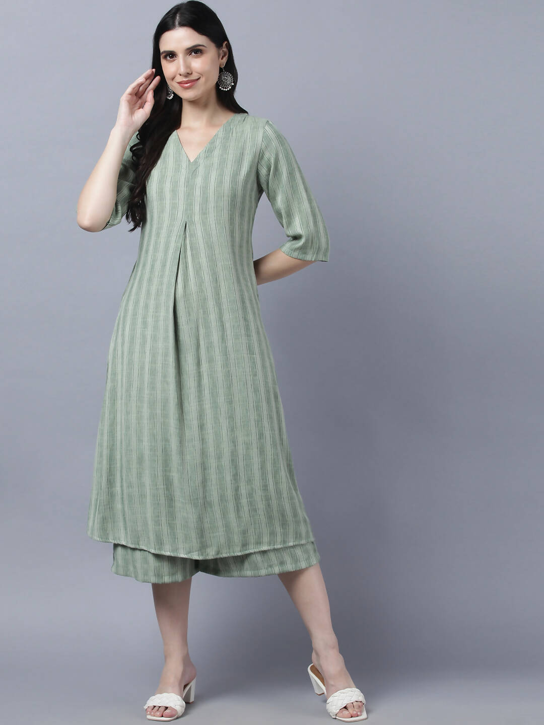 Myshka Stylish Green Cotton 3/4 Sleeve Women's Kurta Palazzo Set | Grocsy