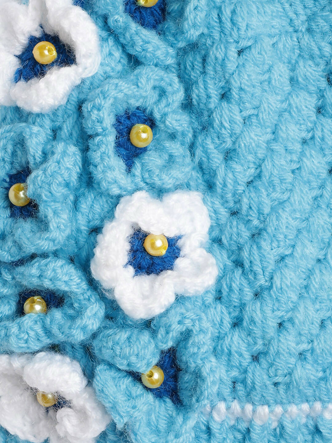 Chutput Kids Woollen Hand Knitted Pearl Embellished Floral Detailed Cap - Blue | Grocsy