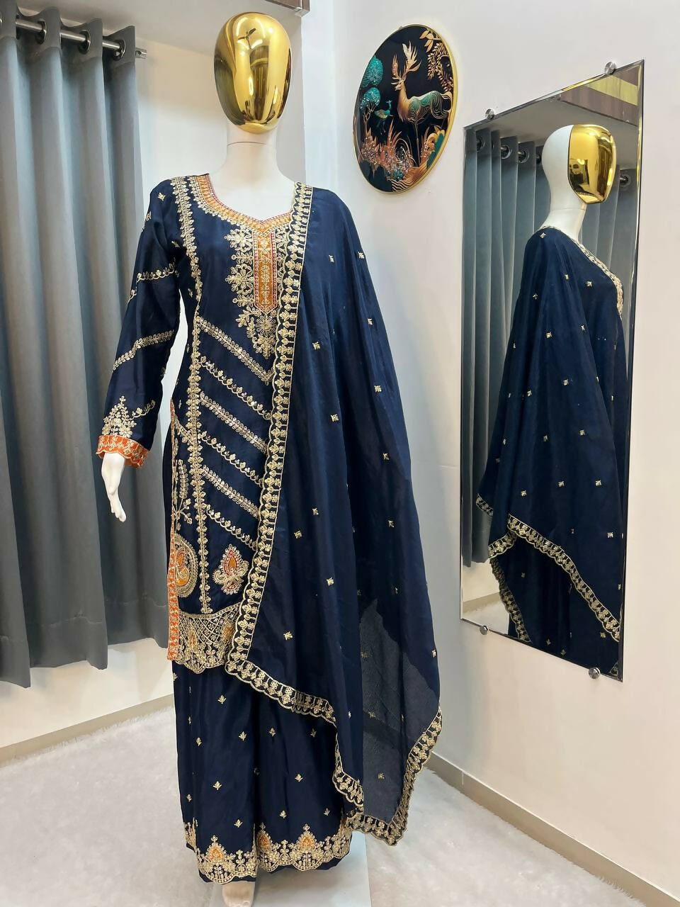 Teeya Creation Blue Color Chinon Silk Party Wear Trending Palazzo Set | Grocsy