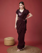 Wine Imported Crush Solid Ready to Wear Saree with stitched Blouse - Aayan | Grocsy