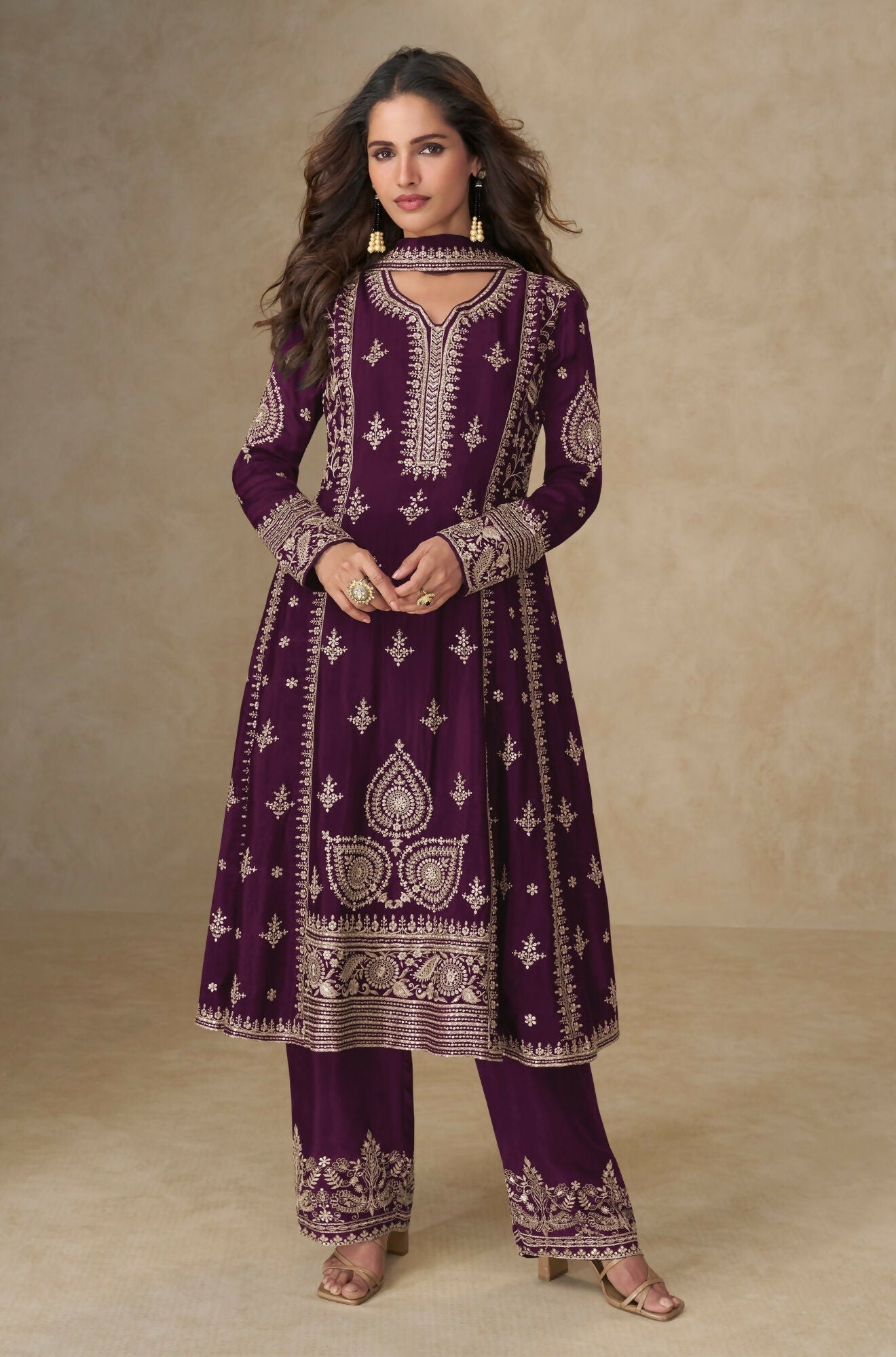 Anaita Dark Purple Chinon Silk Stitched Suit with Embroidery & Sequence Work | Grocsy