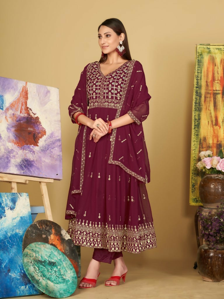 Jyoti Fashion Women's Rani Pink Georgette Embroidered Anarkali Kurta Pant Set With Dupatta | Grocsy
