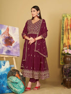 Jyoti Fashion Women's Rani Pink Georgette Embroidered Anarkali Kurta Pant Set With Dupatta | Grocsy
