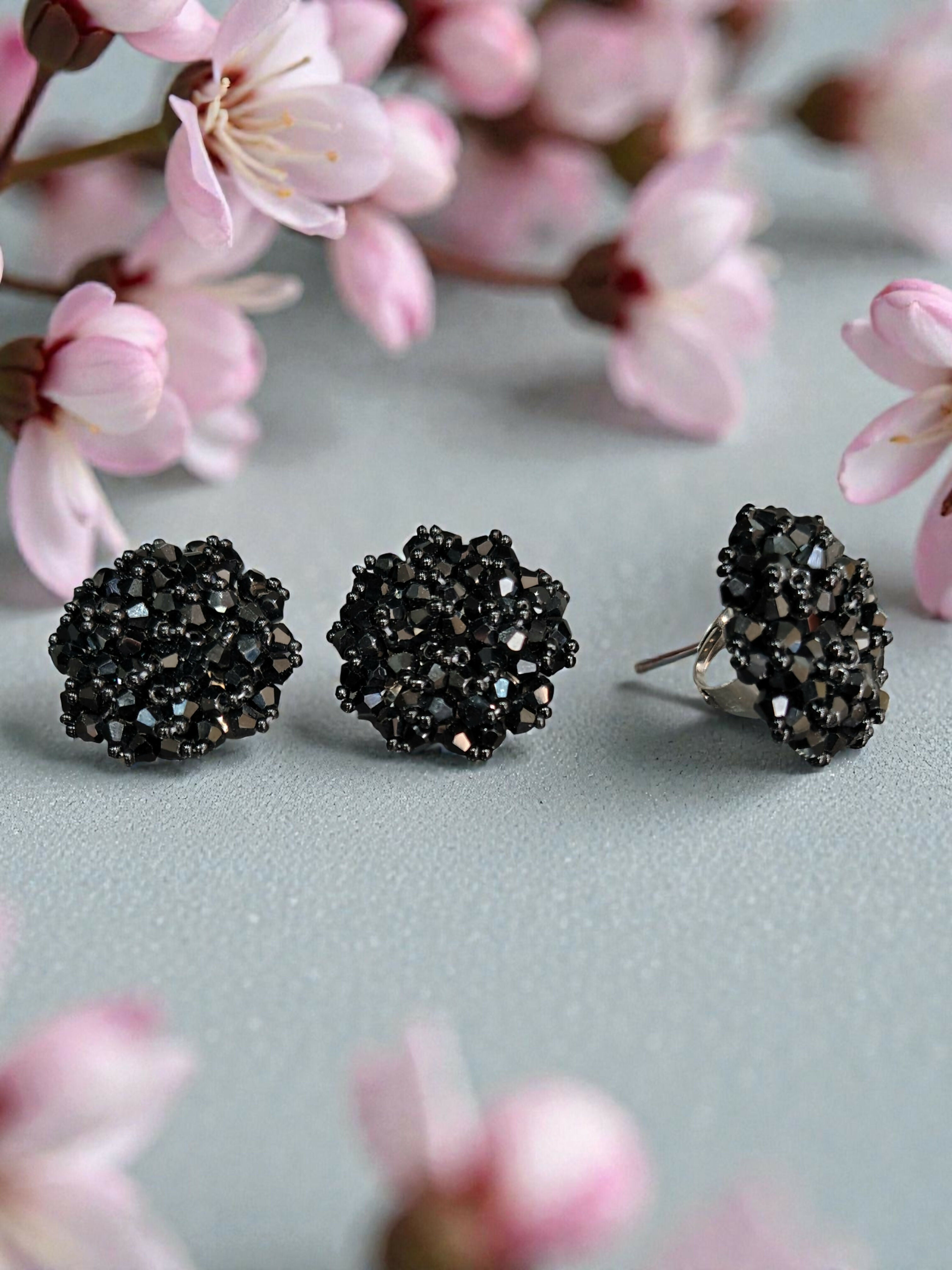 Inhanns Rangmani Crystal Duo – Adjustable Ring + Statement Earrings Set - Black | Grocsy