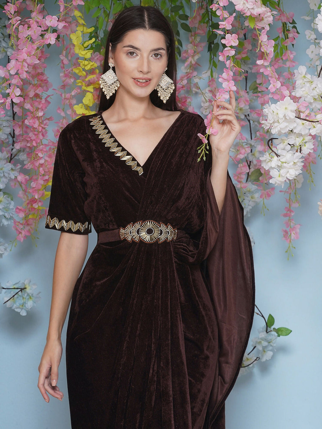 Joban Fashion Brown Hand Embellished Gown With Drape and Belt | Grocsy