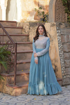 Joban Fashion Sky Blue Georgette Sequence Embroidery Work Kurta Set | Grocsy