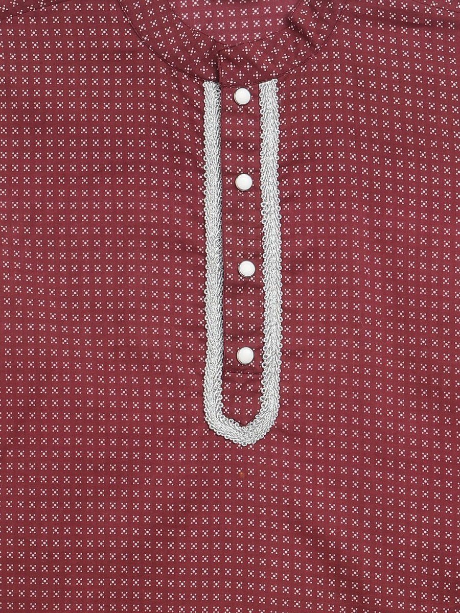 Ahalyaa Boys Maroon Pure Cotton Digital Print Kids Kurta Churidar Set | Grocsy