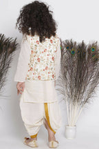 Little Bansi Banarsi Floral Embroidery Jacket Wth Cotton Kantha kurta And Kantha Dhoti - Cream | Grocsy