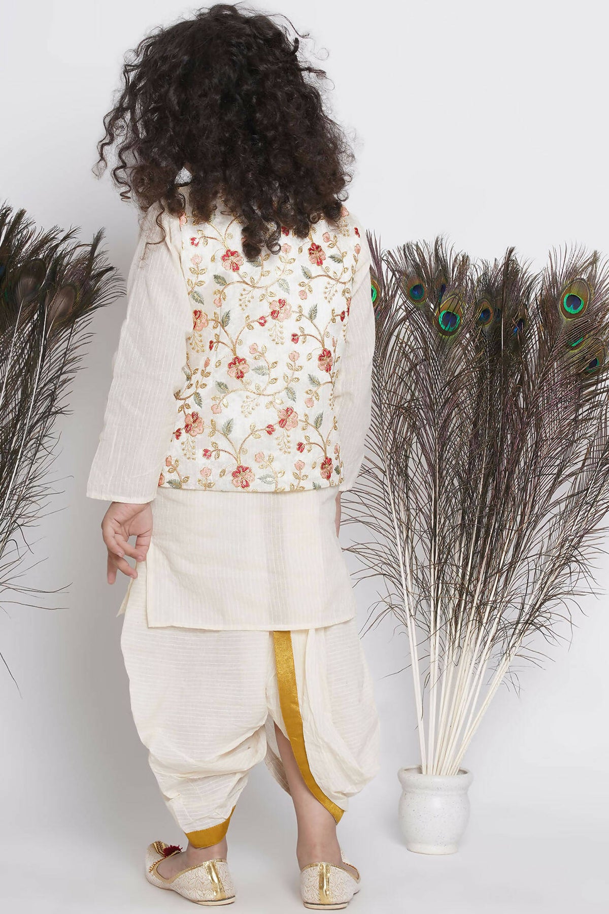 Little Bansi Banarsi Floral Embroidery Jacket Wth Cotton Kantha kurta And Kantha Dhoti - Cream | Grocsy