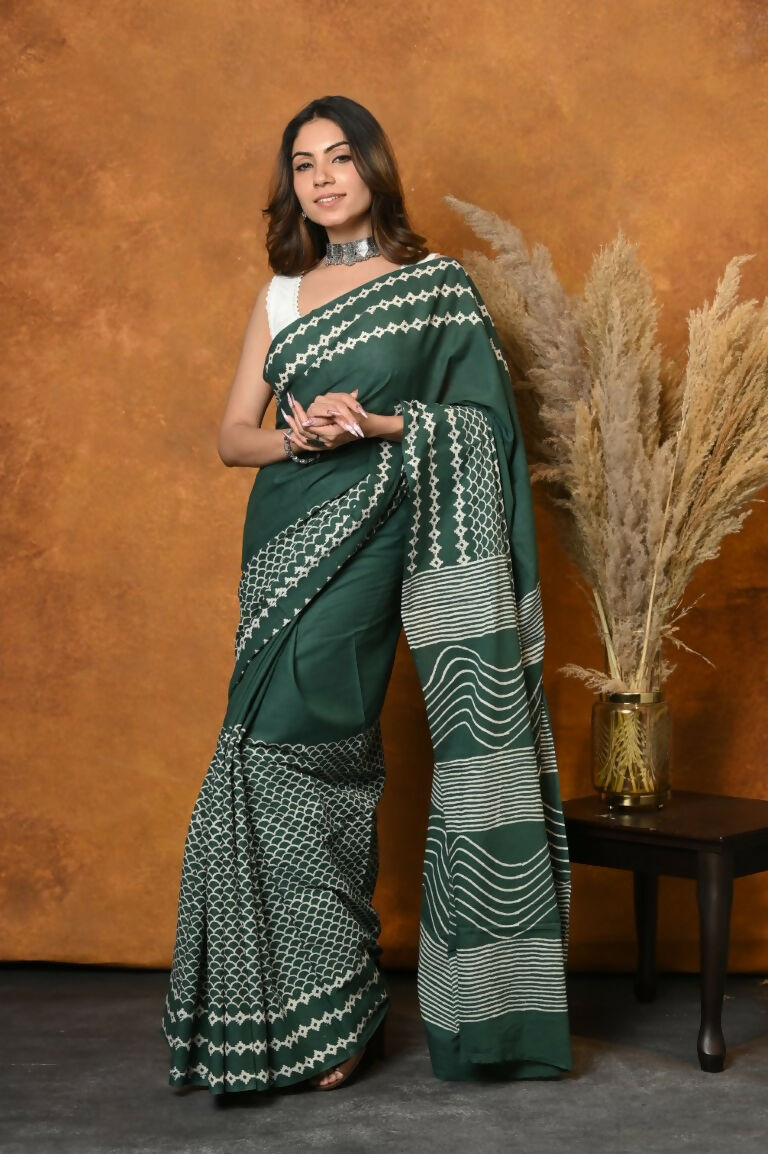 Very Much Indian Handblock Printed Cotton Saree With Natural Dyes - Leaf Green | Grocsy