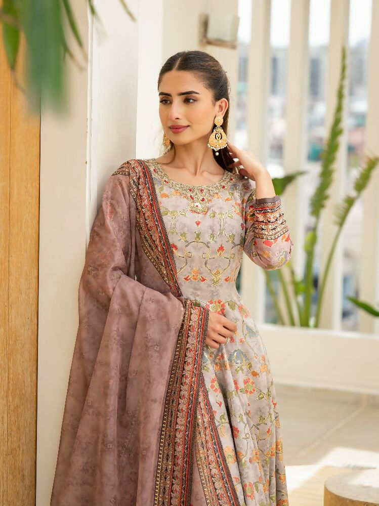 Functional Designer Grey Jam Silk Anarkali suit with Dupatta-Anbazaar | Grocsy