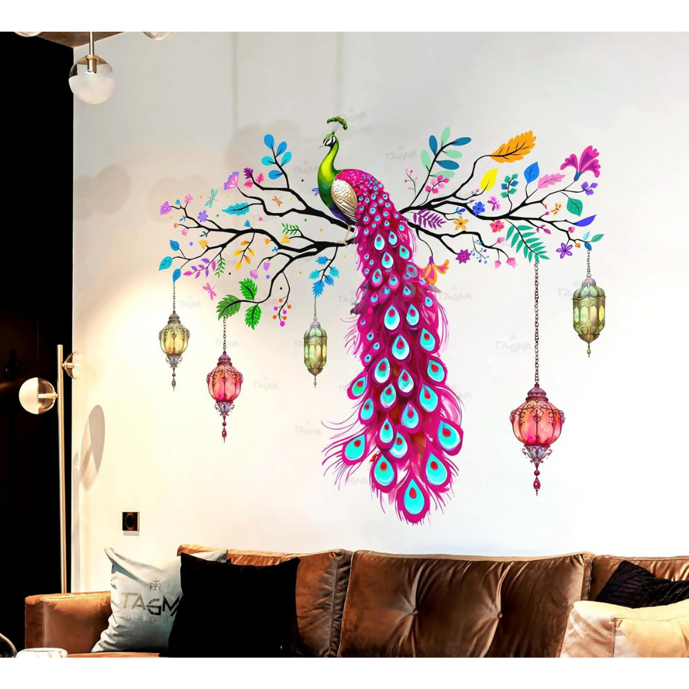 TAGMA GROUP Peacock Wall Sticker Vinyl Colourful Wall Art Decal with Hanging Lanterns | Grocsy