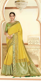 Yellow Satin Silk Zari Embroidery, Laser Cut Borders, Tassels Saree - Norita Alankrita | Grocsy