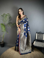 Joban Fashion Navy Blue Ethnic Floral Motifs Soft Lichi Silk Banarasi Saree | Grocsy