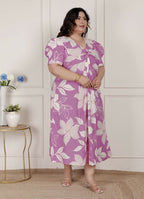 Miravan Womens Plus Size Pink Floral Print Puff Sleeve Pure Cotton Fit Flare Butterfly Maxi Dress | Grocsy