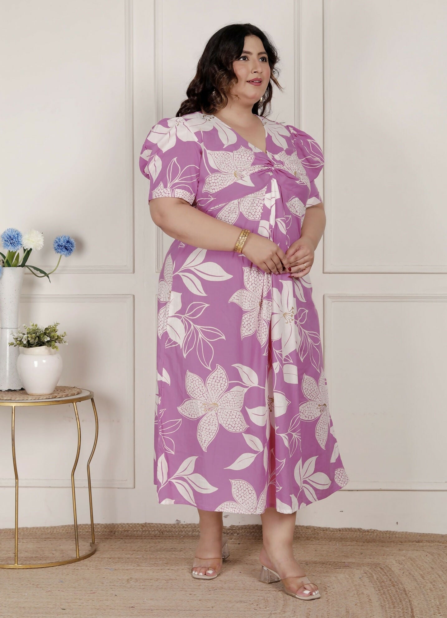 Miravan Womens Plus Size Pink Floral Print Puff Sleeve Pure Cotton Fit Flare Butterfly Maxi Dress | Grocsy