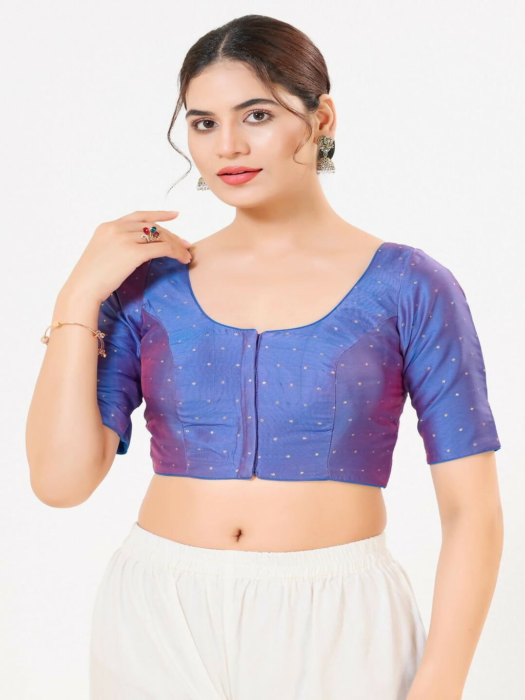 Joban Fashion 2t Blue Taffeta Silk Elbow Sleeveless Front Open Blouse | Grocsy