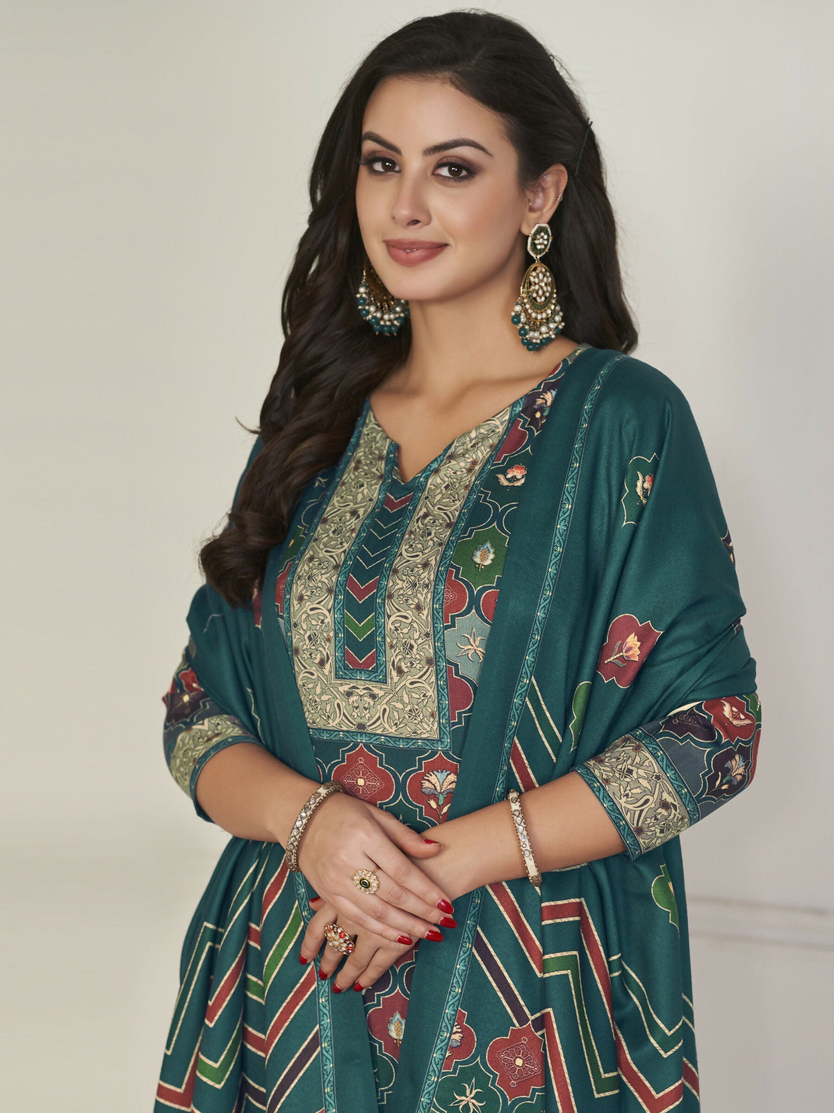 Jyoti Fashion Women's Multicolor Pashmina Digital Printed Kurta with Trouser & Dupatta | Grocsy