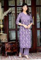 Miravan Women's Floral Block Printed Purple Angrakha Kurta With Floral Palazzo | Grocsy