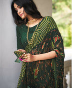 Green Georgette Brasso Floral Printed Saree With Unstitched Blouse Piece - Zyanya | Grocsy