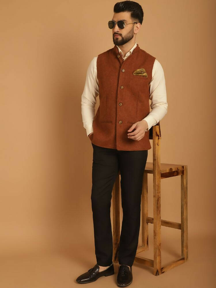 Even Apparels Pure Wool Nehru Jacket - Brown | Grocsy