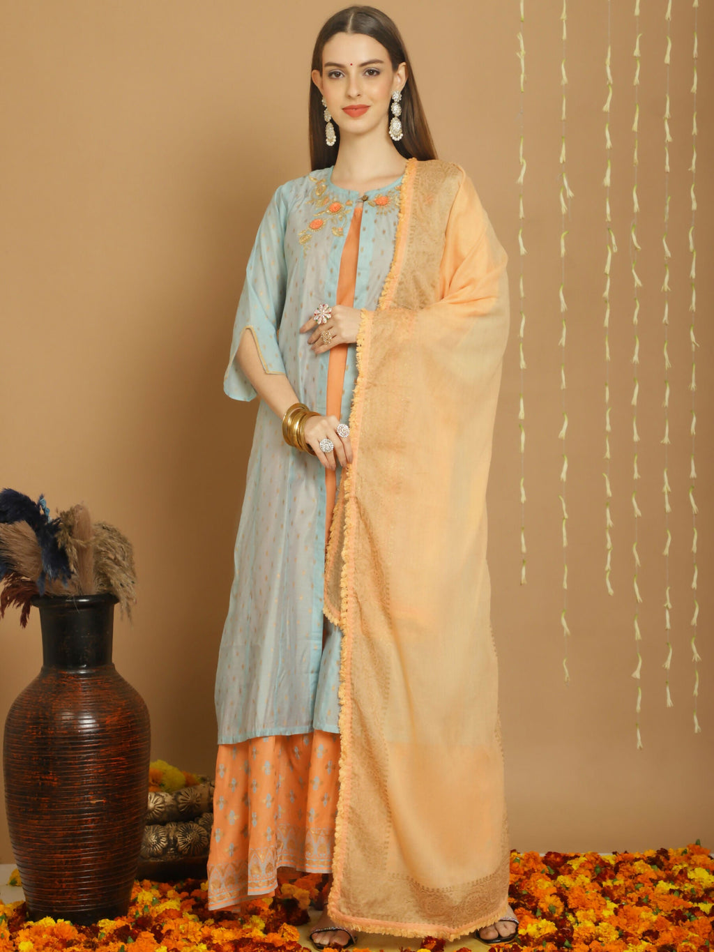 Jyoti Fashion Women's Turquoise Chanderi Silk Elegant Jardoshi Kurta with Trouser & Dupatta | Grocsy