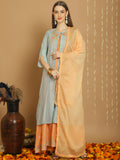 Jyoti Fashion Women's Turquoise Chanderi Silk Elegant Jardoshi Kurta with Trouser & Dupatta | Grocsy