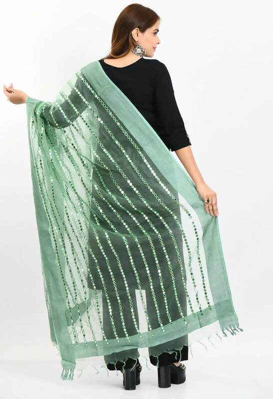 Mominos Fashion Moeza Women's Orgenza Mirror Stripe Thread Work Pista Green Dupatta | Grocsy