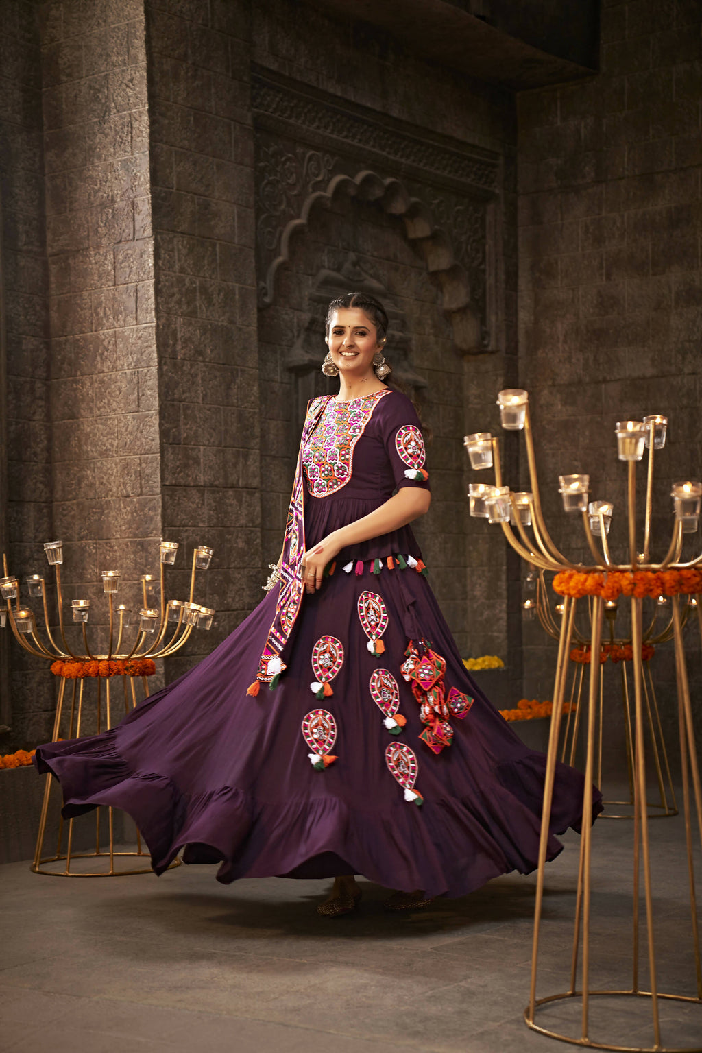 Purple Viscose Rayon Thread Embroidered Navratri Lehenga Choli with Dupatta - Raas | Grocsy
