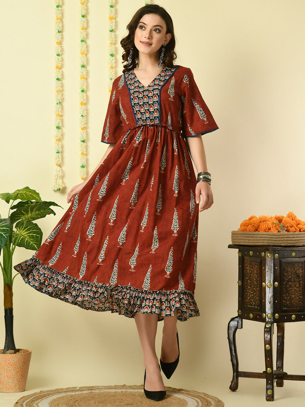 Myshka Women's Rust Printed Cotton Party Dress | Grocsy